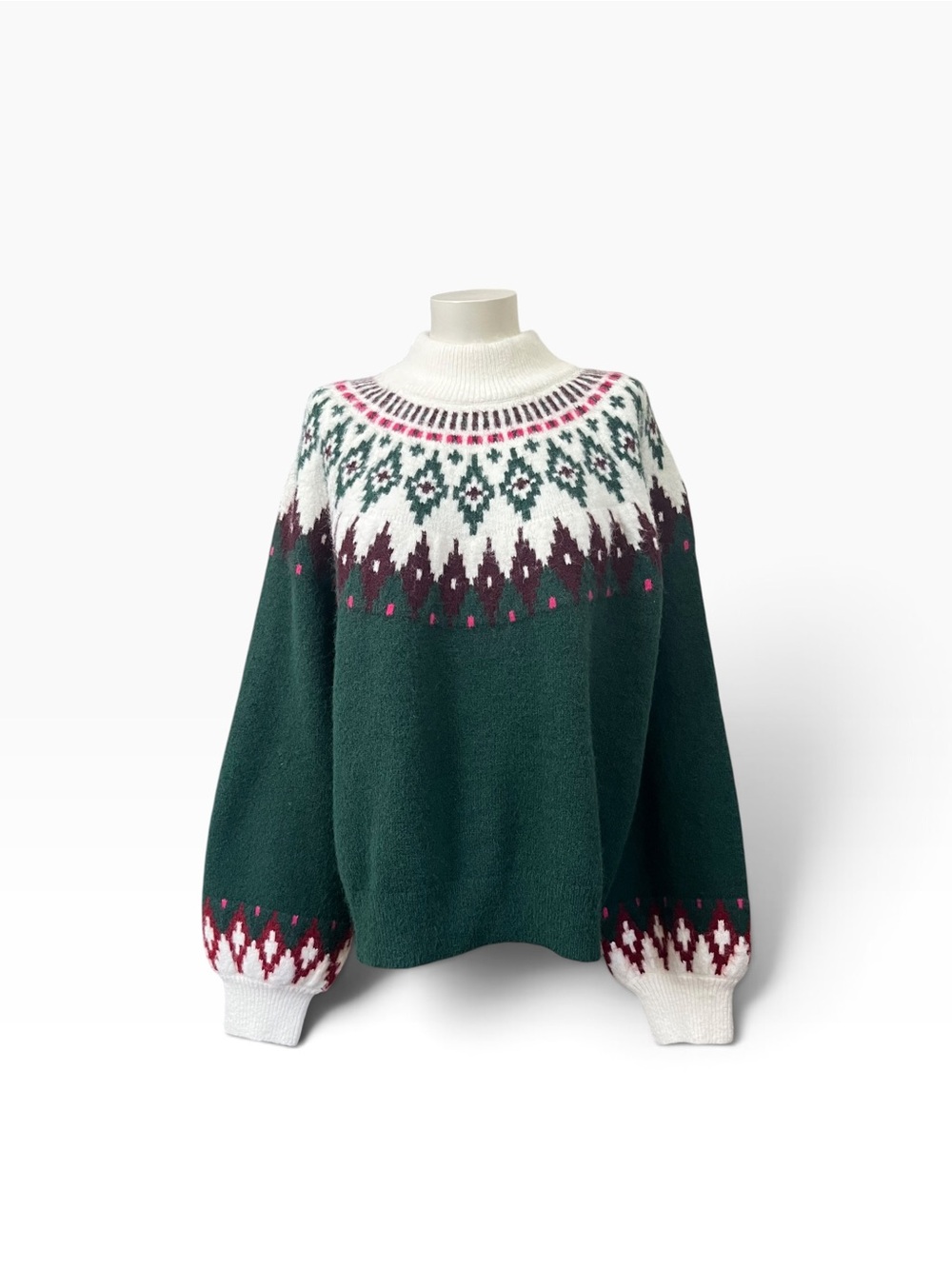Lands’ End Fair Isle Fuzzy Balloon Sleeve Sweater Green Size L 14-16